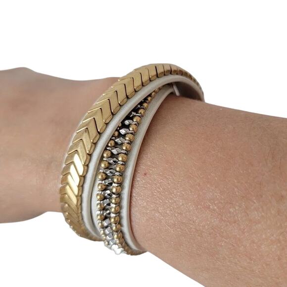 Stella & Dot Gilded Path Double Wrap Bracelet White Gold Silver Leather Snap - Picture 1 of 12